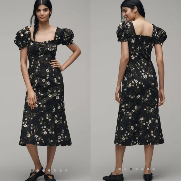 maeve linen blend puff-sleeve sweetheart midi dress Maeve Linen Blend Puff-Sleeve Sweetheart Midi Dress